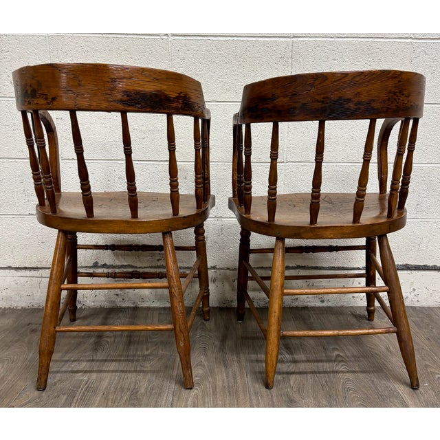 Antique 19th Century Primitive Oak Barrel Back Pub Chairs Captain’s Arm Chairs For Sale - Image 9 of 11