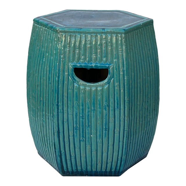 Chinese Hexagon Bamboo Theme Turquoise Green Ceramic Clay Garden Stool For Sale