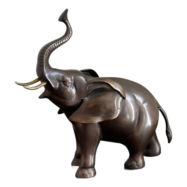 Large Mid-20th Century Brass Elephant Sculpture W/ Bronze Patinated Finish For Sale