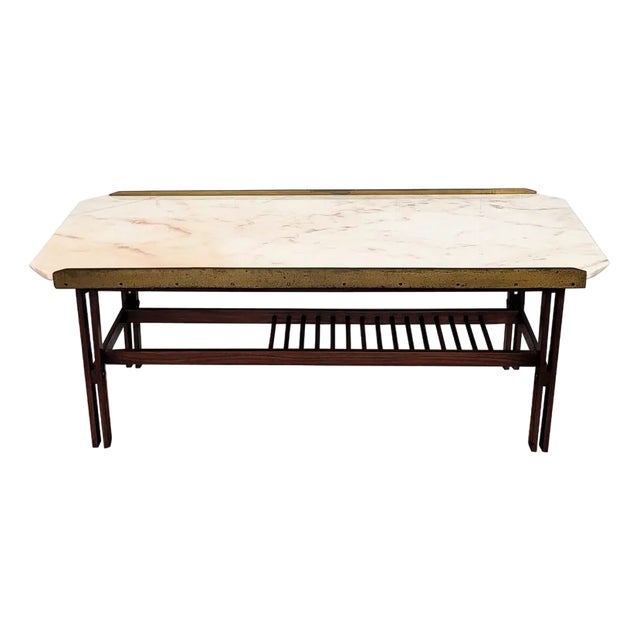 Mid-Century Modern Italian Marble Brass and Wood Cocktail Coffee Table by Milo Baughman, 1960s For Sale