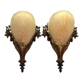 1930s Cast Bronze Wall Sconces With Ivory Art Deco Shades Original Finish - Pair For Sale