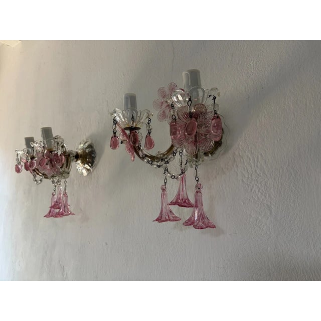 Pink C 1930 Rare Pink Cranberry Fuchsia Murano Flowers Crystal Sconces One of Kind For Sale - Image 8 of 11