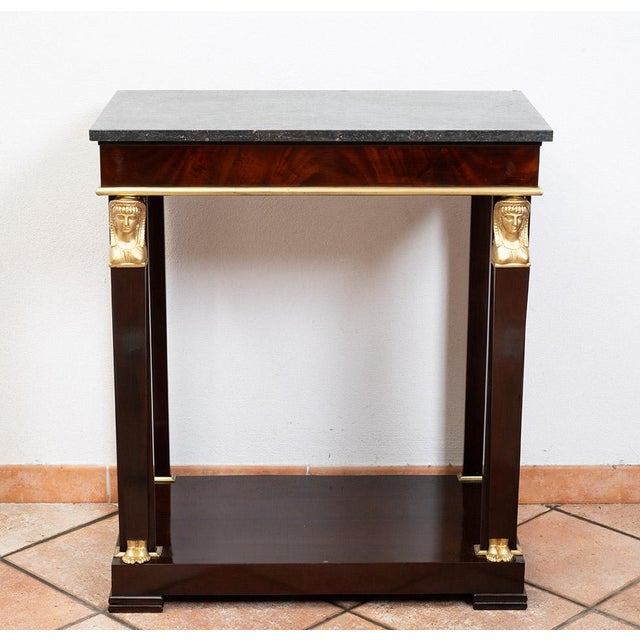 Antique 19th Century Return from Egypt Console Table in Mahogany Veneer with Belgian Marble Top, France For Sale - Image 5 of 8