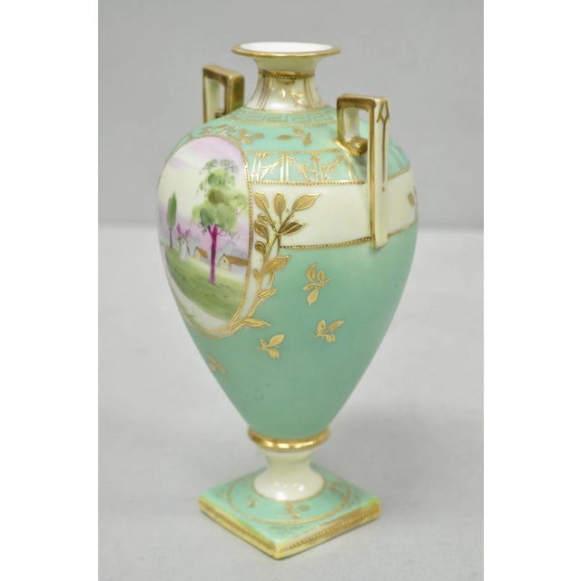 Antique Nippon Porcelain Hand Painted Windmill Scene Green Small Bolted Vase (B) For Sale In Philadelphia - Image 6 of 15