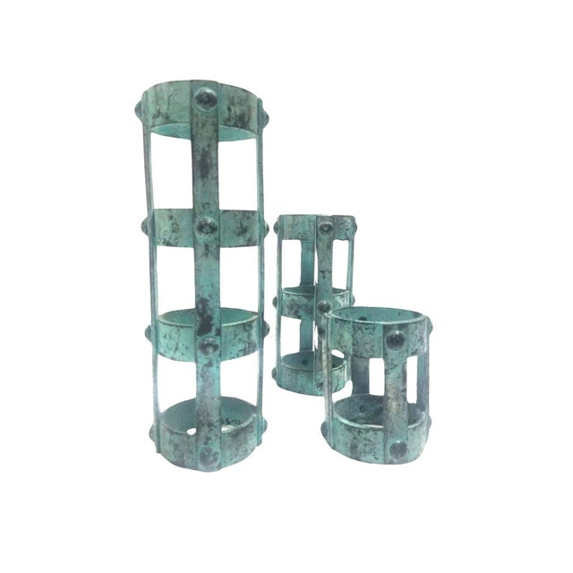1970s Set of 3 Brutalist Style Candlestick Holders Cage Design For Sale In Los Angeles - Image 6 of 7