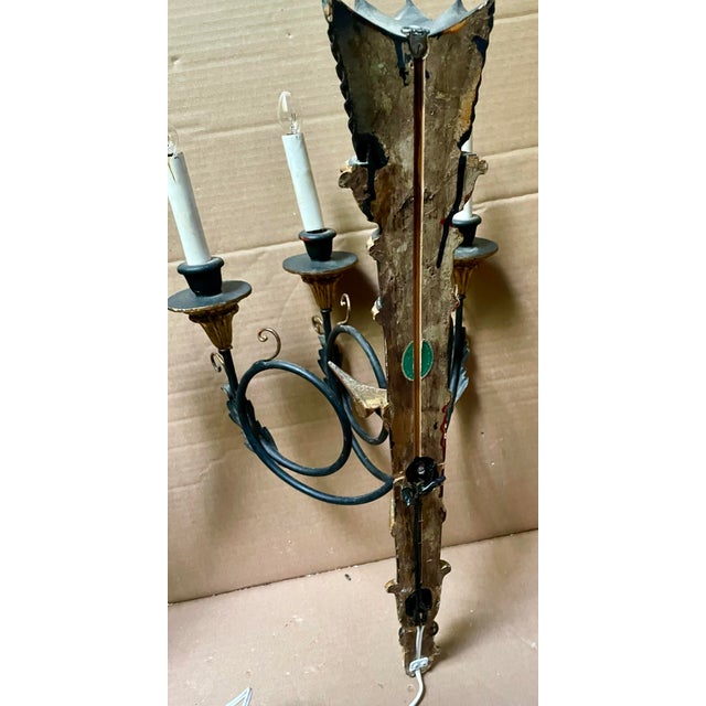 Wood Pair Neoclassic Italian Carved Wood Iron Black Gold Painted Arrow Wall Sconces For Sale - Image 7 of 12