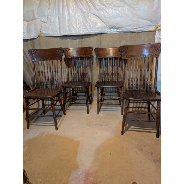 Set of Four (4) Antique Oak Pressed Back Dining Chairs For Sale - Image 11 of 11