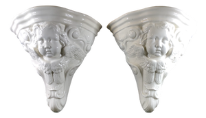 Gien White Ceramic Wall Consoles with Cherub Faces, 1980s, Set of 2