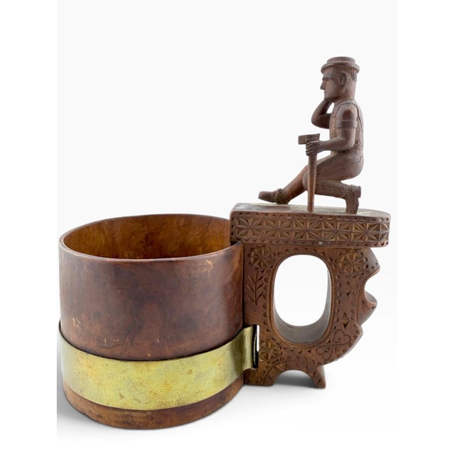 Antique 19th-century Slovak črpák, a traditional shepherd’s cup used for drinking sheep’s whey, distinguished by an...