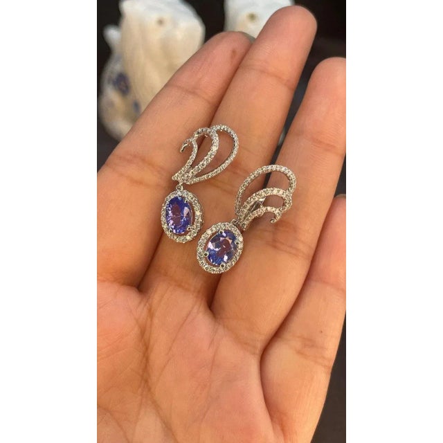 White 1.98 Carat Tanzanite and Diamond Climber Drop Earrings in 14k White Gold- 2 Pieces For Sale - Image 8 of 13