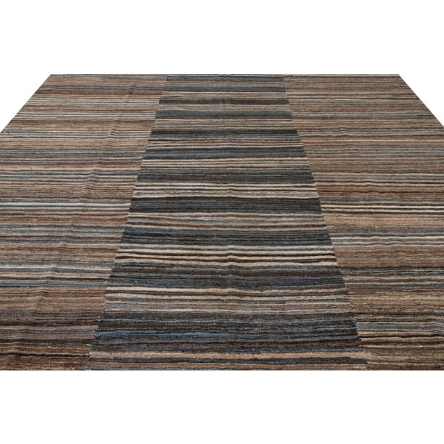 Abstract Brown Modern Flat-Weave Handmade Wool Rug For Sale - Image 3 of 12