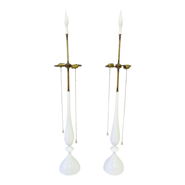 Tommi Parzinger Style White Lacquer with Brass Pull Rembrandt Table Lamps, Pair - A Pair For Sale