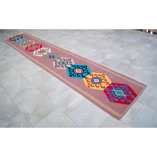 Textile Hand Woven Silk Runner Rug . Full Tribal Design Hallway Colorful Runner Rug New - 2′7″ X 14′3″ For Sale - Image 7 of 15