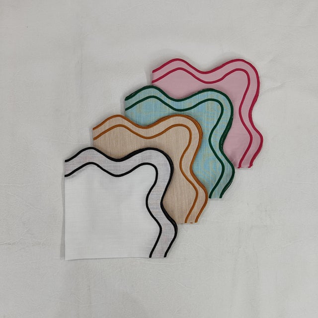 Handmade Wave Scalloped Napkins with Double Embroidered Trim, White - Set of 4 For Sale - Image 4 of 6