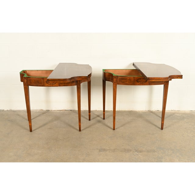 Wood Baker Furniture Federal Inlaid Mahogany Flip-Top Consoles or Game Tables, Pair For Sale - Image 7 of 14