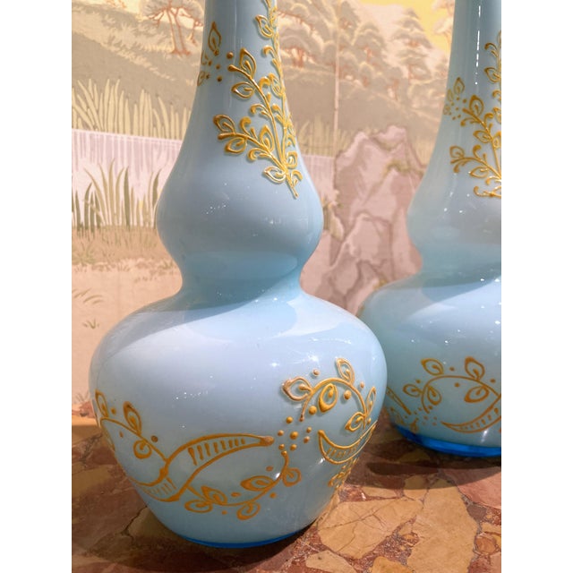 Mid-Century Italian Turquoise Opaline Murano Glass Soliflower Vases, 1960s, Set of 2 For Sale - Image 3 of 16