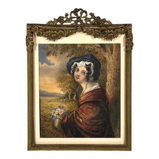 Antique Miniature Portrait Painting of Young Lady in Gilded Ribbon Crest Bow Frame For Sale