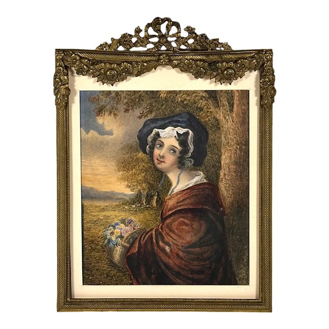 Antique Miniature Portrait Painting of Young Lady in Gilded Ribbon Crest Bow Frame For Sale