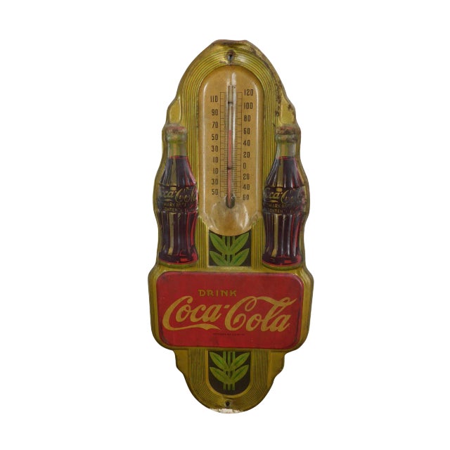 1940's Art Deco Vintage Coca Cola Embossed Tin Advertising Thermometer For Sale