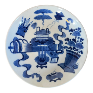 Antique 19th Century Chinese Blue and White Porcelain Dish or Small Plate Decorated in the Kangxi Manner With Auspicious Objects