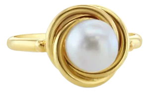 Solitaire Pearl Ring with Rope Design 14k Yellow Gold, Size 3.5