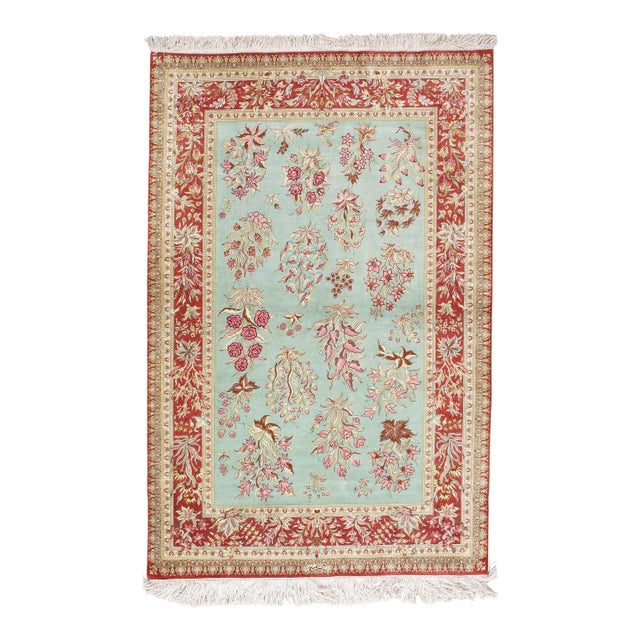 Rare Finely Woven Persian Silk Qum, Handmade Oriental Rug, Sky Blue and Red For Sale