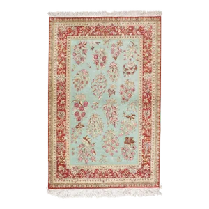 Rare Finely Woven Persian Silk Qum, Handmade Oriental Rug, Sky Blue and Red