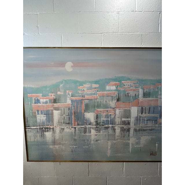 Brass Large Signed Lee Reynolds Coastal Harbor Painting Original Brass Gallery Frame For Sale - Image 8 of 8