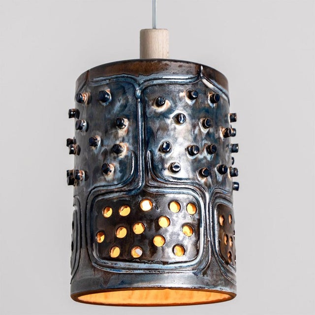 Danish Cylinder Brown Blue Ceramic Pendant Light, 1970 For Sale - Image 6 of 15