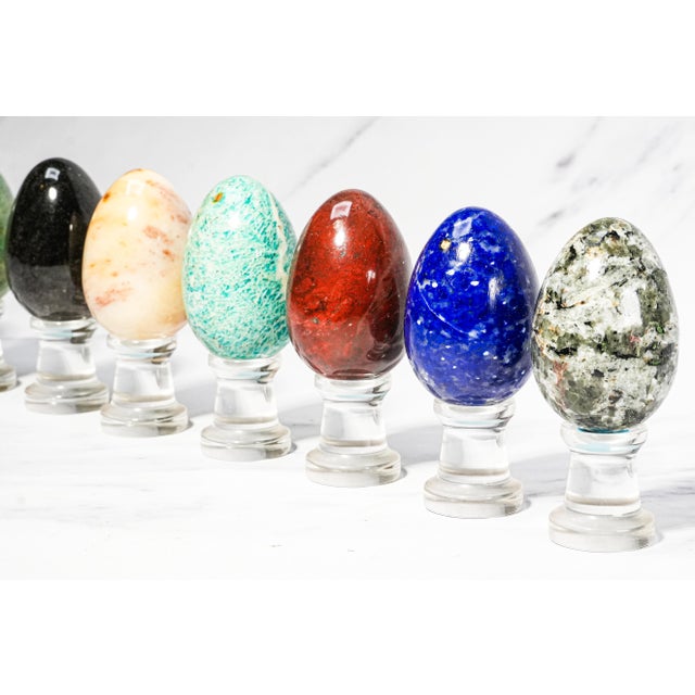 Collection Vintage Stone Specimen Egg 9 Polished Gemstone Eggs Display Stands Geological Mineral Display Cabinet of Curiosities Home Decor For Sale - Image 12 of 18