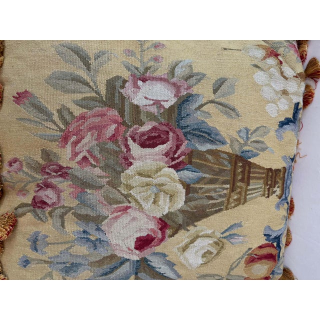 French Aubusson Style Tapestry Pillow with Silk Velvet Backing For Sale - Image 4 of 15