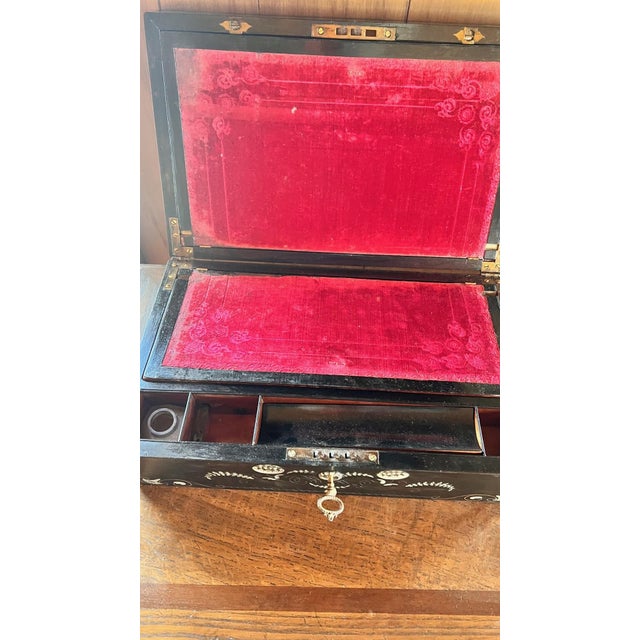 1900 - 1909 Restored Ebony Mother of Pearl Inlay Writing Box Circa 1900 For Sale - Image 5 of 12