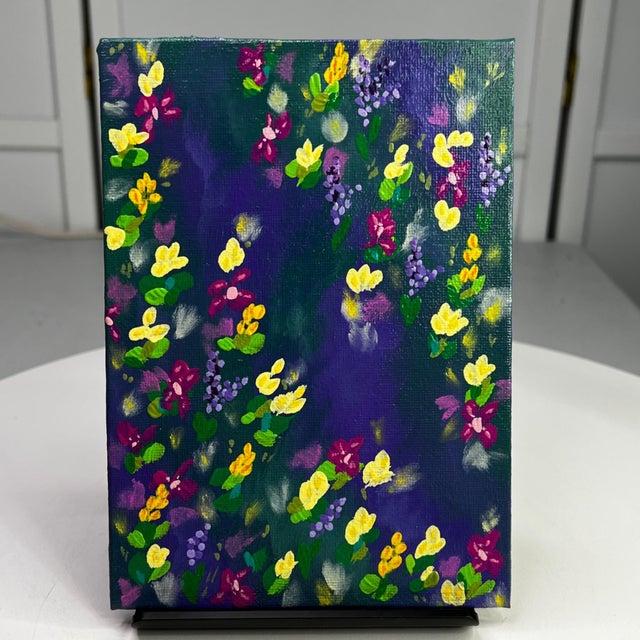 "Purple Scene Flowers" Multi-Color Floral Wall Art Acrylic Painting 5" X 7" For Sale - Image 4 of 7