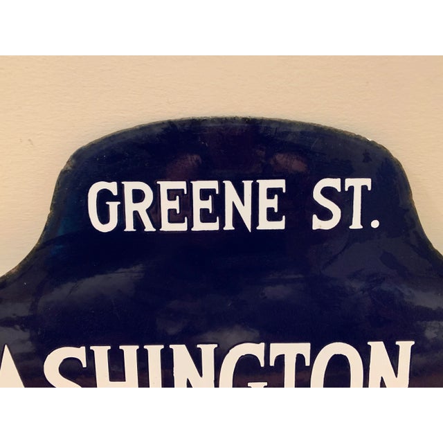 Authentic Vintage blue and white enamel Greenwich Village NYC street sign depicting Greene Street and Washington Place....