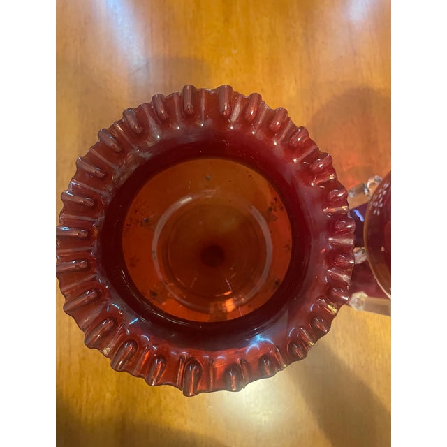 Pair of Ruby Red Glass Mantel Lustres/Hurricane Candle Holders With Crystal Prisms For Sale In Nashville - Image 6 of 10