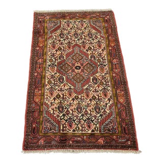 Hamedan Rug 2’8” X 4’1” Ivory Wool Vintage Tribal Hand-Knotted Carpet For Sale