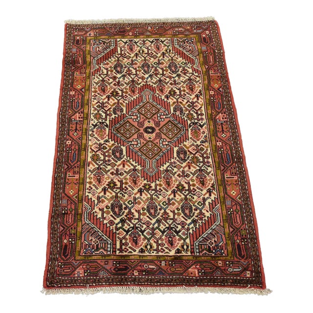 Hamedan Rug 2’8” X 4’1” Ivory Wool Vintage Tribal Hand-Knotted Carpet For Sale