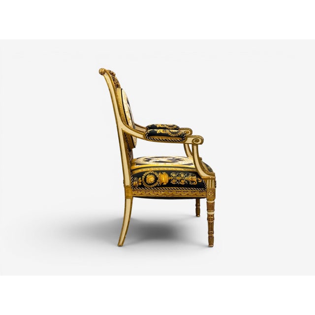 French Louis Xvi, French Arm Chair, Versace Fabric, Giltwood, France, 1960s For Sale - Image 3 of 17