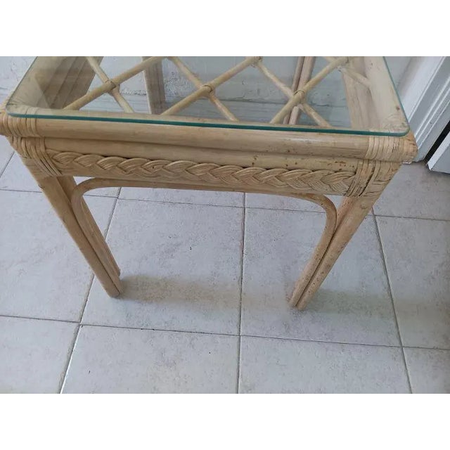 1980s 1980s Bamboo Rattan Accent Table Glass Top Beige For Sale - Image 5 of 5