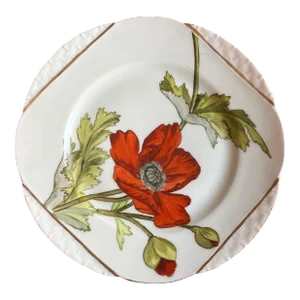 Antique Early 20th Century French Haviland Limoges Porcelain Plate With Hand Painted Poppy