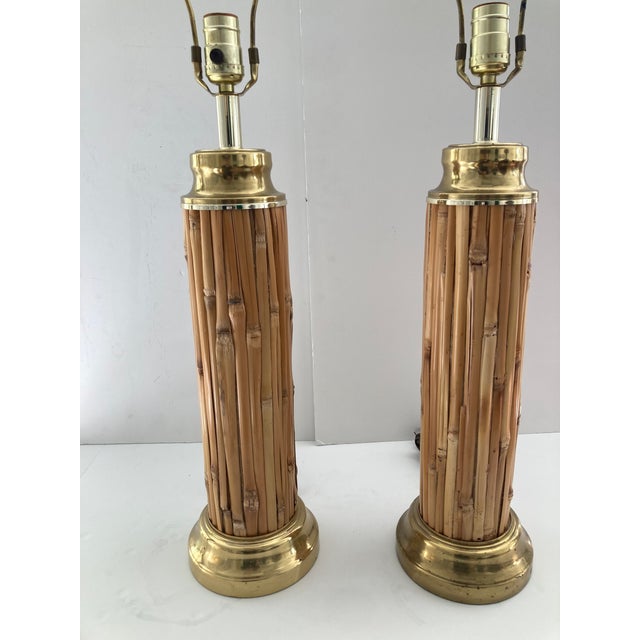 Pencil Reed Rattan Table Lamps With Brass Details- A Pair For Sale - Image 10 of 10