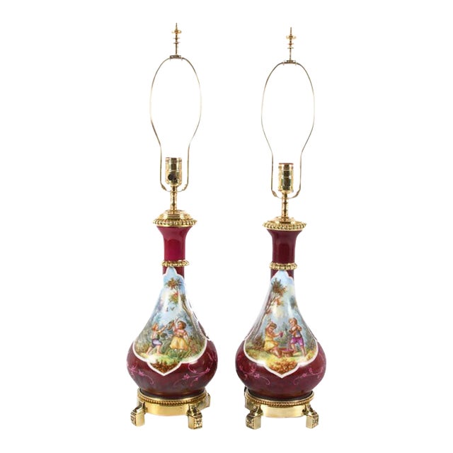 Mid-20th Century French Rococo Style Hand-Painted Porcelain Lamps – a Pair For Sale