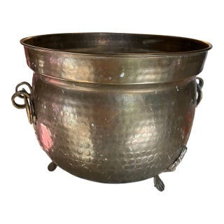 1970s Large Hand Hammered Footed Brass Planter Bucket For Sale