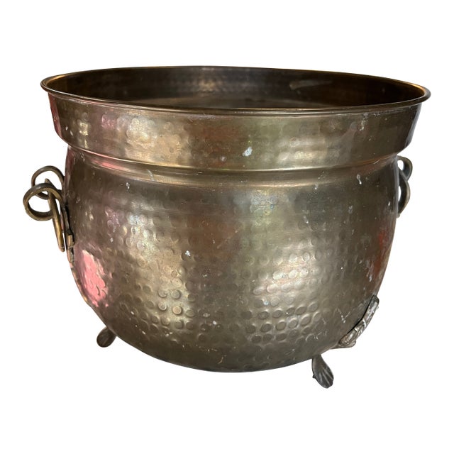 1970s Large Hand Hammered Footed Brass Planter Bucket For Sale