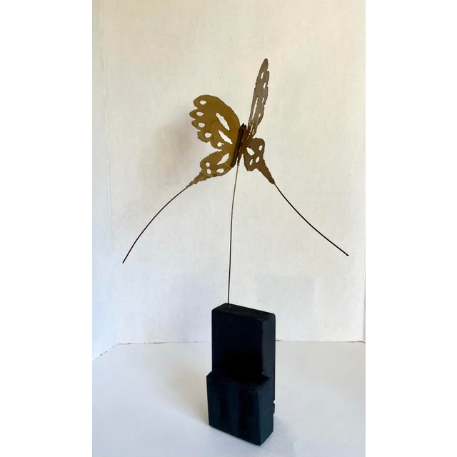 Brass 1970s Brutalist Torch Cut Butterfly Sculpture on Wood Base For Sale - Image 8 of 10