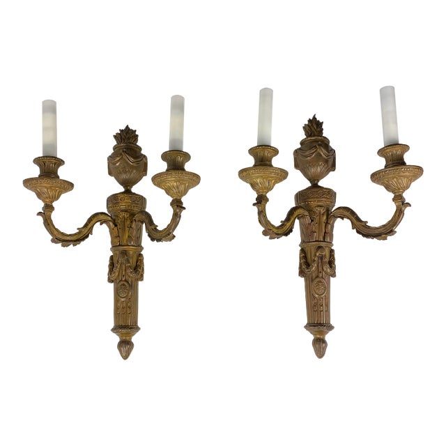 Pair of French 18th Century Louis XVI Style Bronze Sconces With Opaline Fixtures For Sale