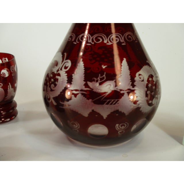 Early 20th Century Bohemian Decanter 6 Liquor Tumblers Red Glass Hand Wheel Engraved Czech For Sale - Image 10 of 11