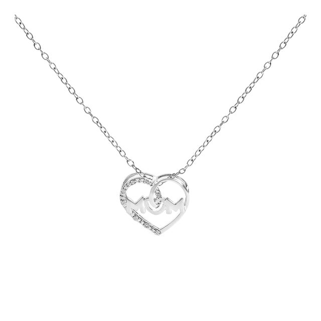.925 Sterling Silver Diamond Accent MOM Heart Pendant Necklace (J-K Color, I2-I3 Clarity) - 18" Inches For Sale