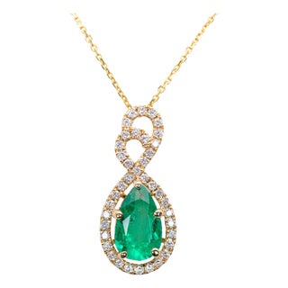 Gia Certified Colombian Emerald Diamond Halo Pendant: Solid 14k Gold, 10x6mm For Sale