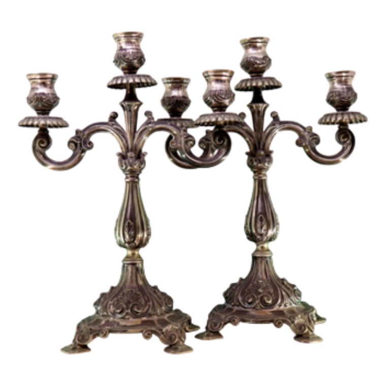Three-Light Silver Candelabra with Shells and Garlands Resting | Chairish